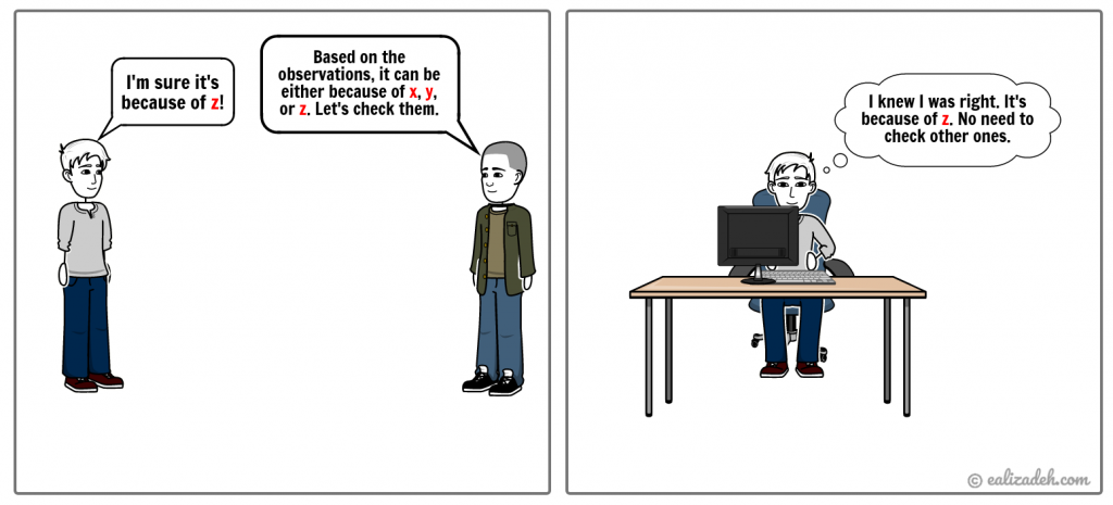 A discussion between two people illustrating the confirmation bias.