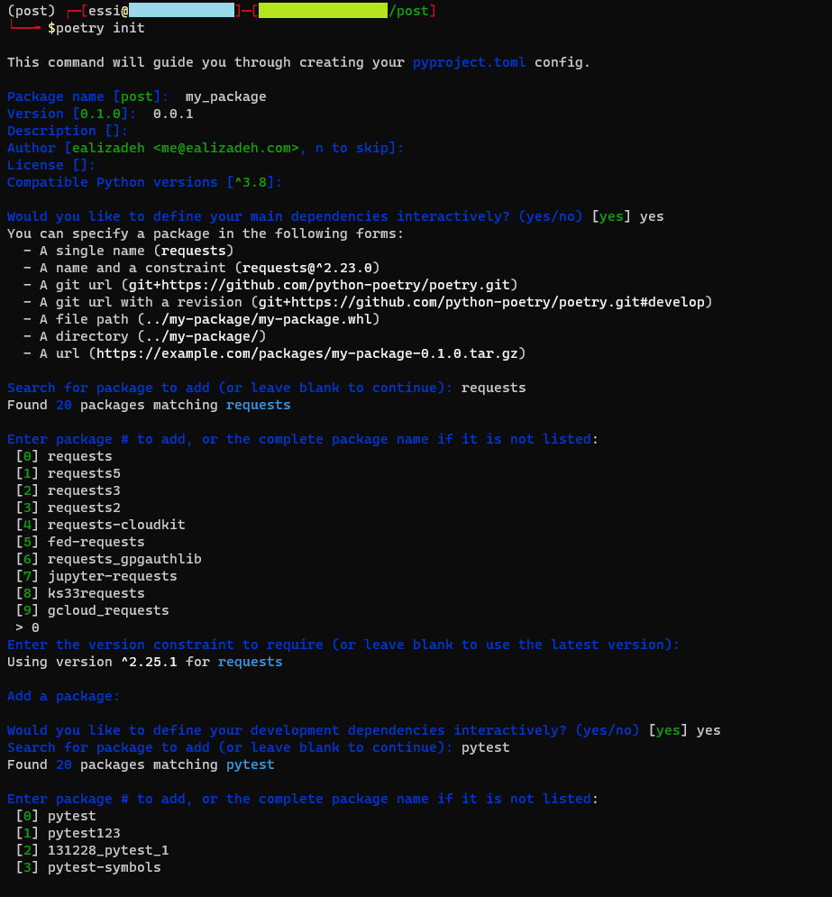 Screenshot of the result of running command: poetry init