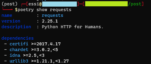Screenshot of running command: poetry show request