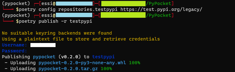 Screenshot of running `poetry publish -r testpypi`